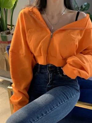 Orange Grey Oversized Cropped Zip Up Hoodie
