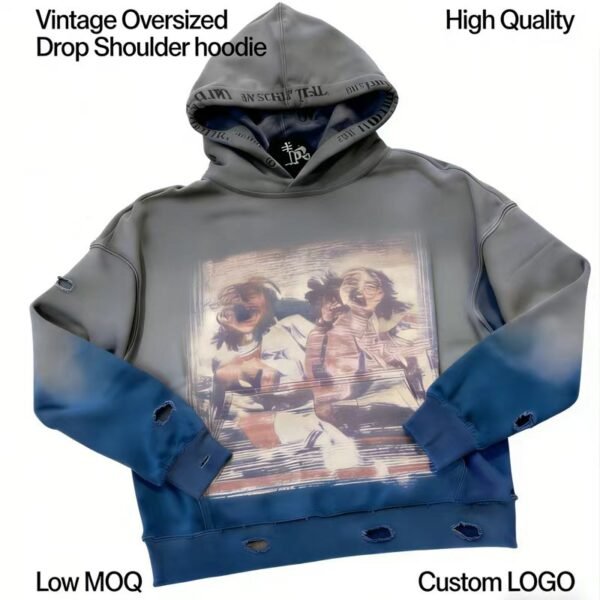 Grey Blue Gradient Distressed Oversized Hoodie Grey Blue Gradient Distressed Oversized Hoodie