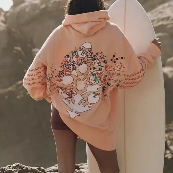 Peach Floral Embroidered Oversized Hoodie
