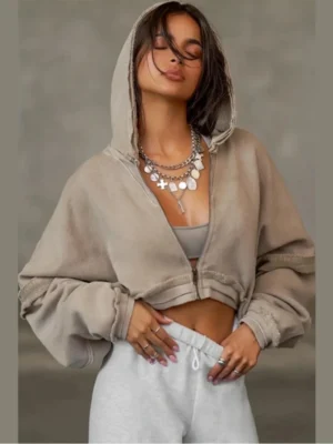 Vintage Washed Cropped Zip-Up Hoodie with Frayed Trim