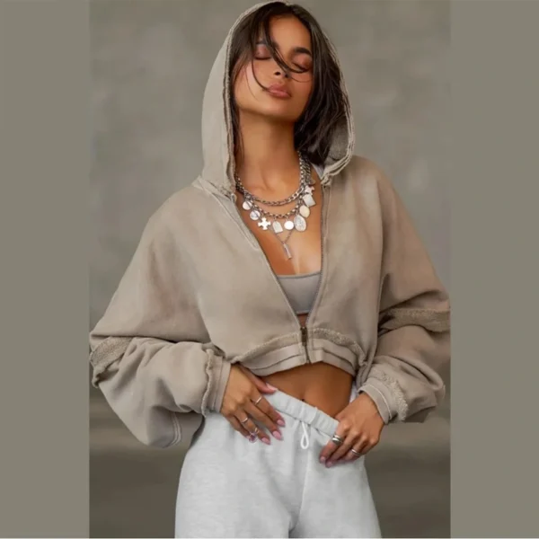 Vintage Washed Cropped Zip-Up Hoodie with Frayed Trim