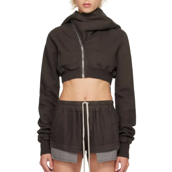 Dark Brown Cropped Asymmetric Zip-Up Hoodie Set