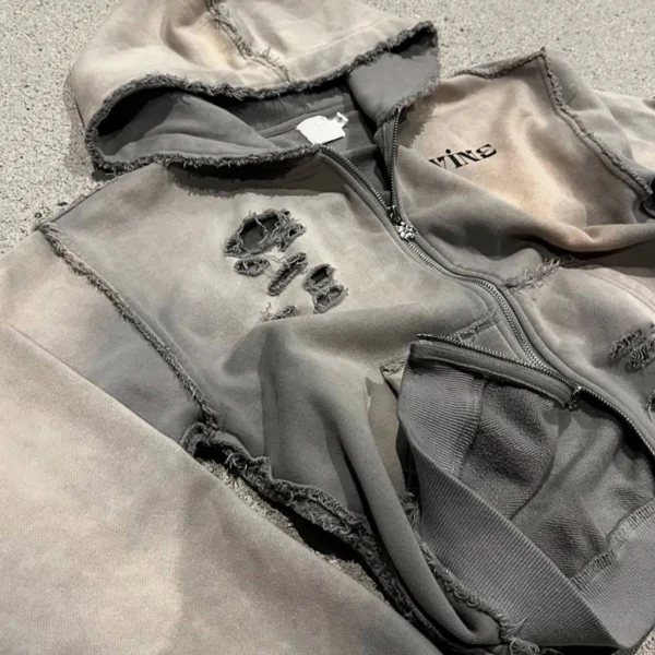 Grey Washed Distressed Cropped Zip-Up Hoodie Grey Washed Distressed Cropped Zip-Up Hoodie