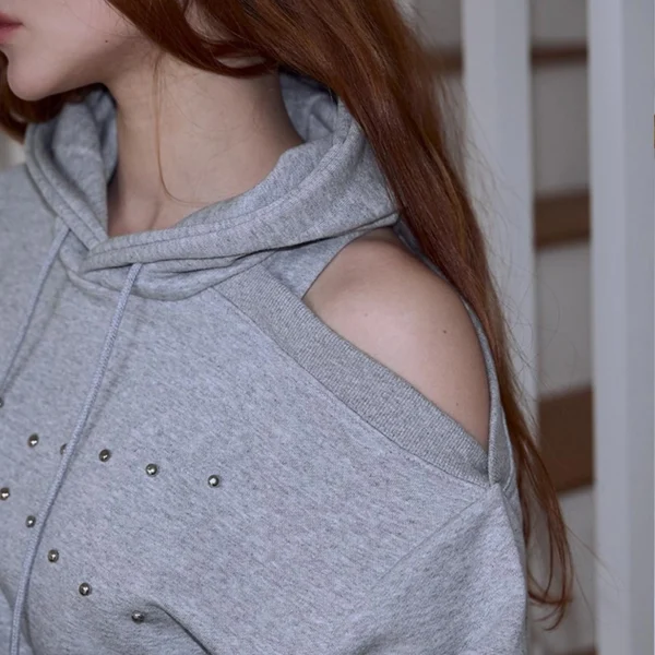 Grey Cropped Cold-Shoulder Studded Hoodie