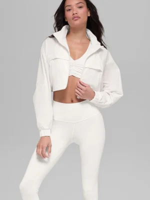 Cropped White Hooded Windbreaker Jacket