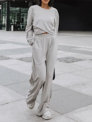 Light Grey Asymmetrical Cropped Wide Leg Tracksuit Light Grey Asymmetrical Cropped Wide Leg Tracksuit