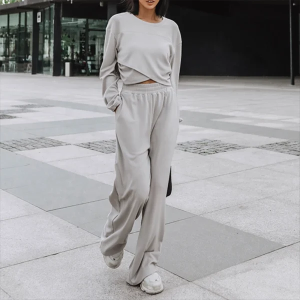 Light Grey Asymmetrical Cropped Wide Leg Tracksuit