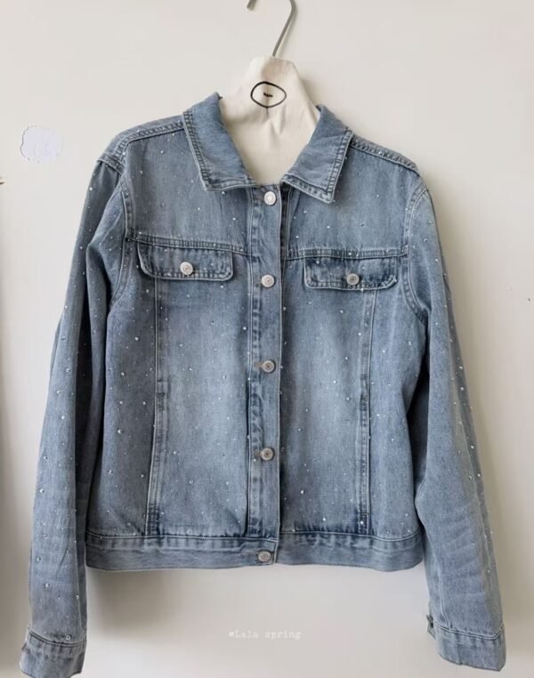 Rhinestone Embellished Washed Denim Jacket Rhinestone Embellished Washed Denim Jacket