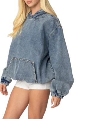Vintage Studded Denim Hoodie Pullover