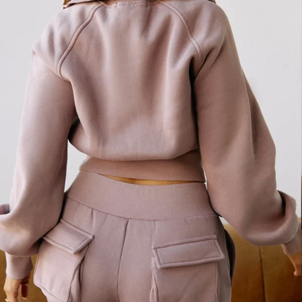 Dusty Pink Half-Zip Cargo-Pocket Cropped Sweatshirt