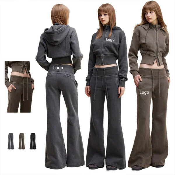 Washed Grey Brown Black Cropped Zip Up Hoodie Flare Pants Tracksuit