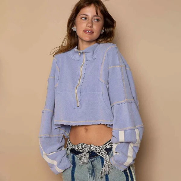 Lavender Exposed Seam Half-Zip Cropped Sweatshirt