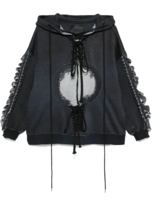 Ruffle-Sleeve Lace-Up Oversized Denim Hoodie