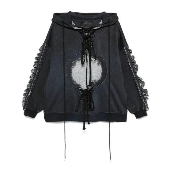 Ruffle-Sleeve Lace-Up Oversized Denim Hoodie