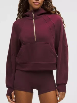 Burgundy Half-Zip Cropped Hoodie with Gold Zipper
