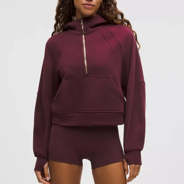 Burgundy Half-Zip Cropped Hoodie with Gold Zipper
