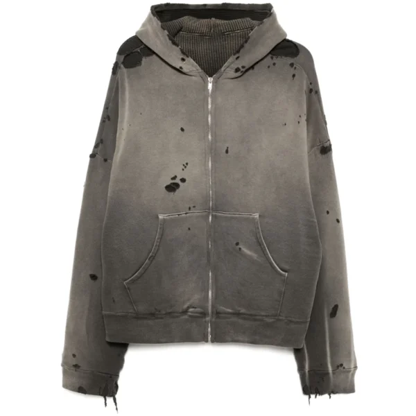 Grey Distressed Washed Zip-Up Hoodie Grey Distressed Washed Zip-Up Hoodie