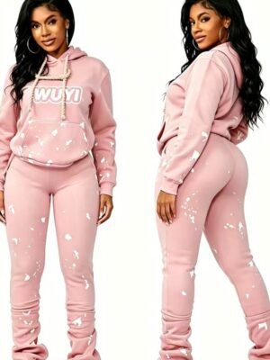 Pink Paint-Splatter Hoodie Stacked Pants Set