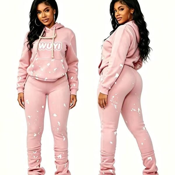 Pink Paint-Splatter Hoodie Stacked Pants Set