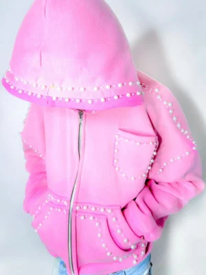 Oversized Pearl-Embellished Zip-Up Hoodie