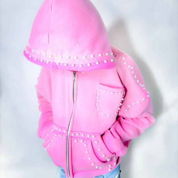 Oversized Pearl-Embellished Zip-Up Hoodie