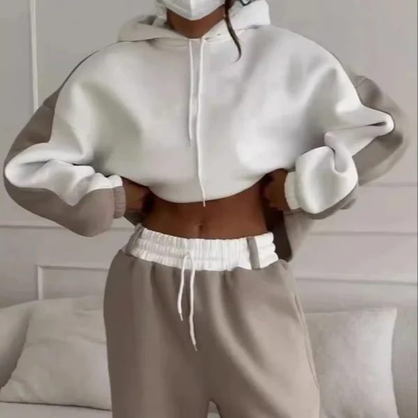 Beige White Colorblock Cropped Oversized Hoodie Tracksuit Beige White Colorblock Cropped Oversized Hoodie Tracksuit