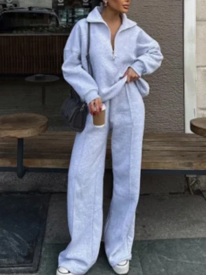 Womens Half Zip Wide Leg Tracksuit Set