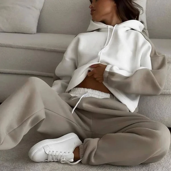 Beige White Colorblock Cropped Oversized Hoodie Tracksuit Beige White Colorblock Cropped Oversized Hoodie Tracksuit