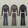 Washed Grey Brown Black Cropped Zip Up Hoodie Flare Pants Tracksuit