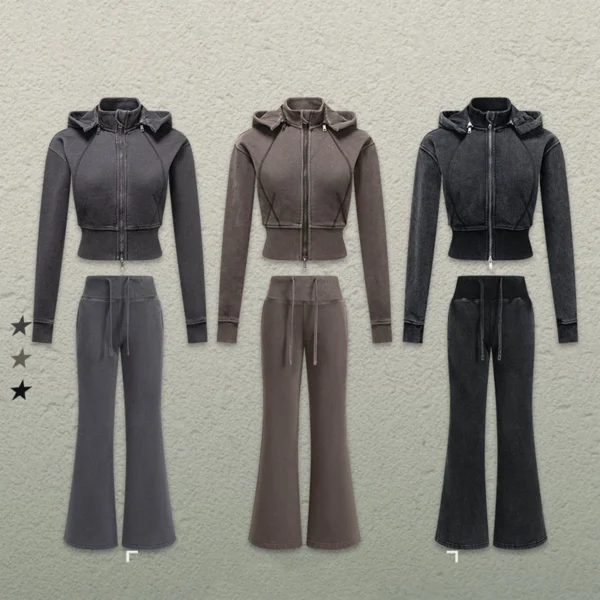 Washed Grey Brown Black Cropped Zip Up Hoodie Flare Pants Tracksuit