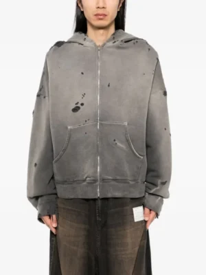 Grey Distressed Washed Zip-Up Hoodie