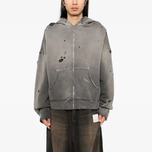 Grey Distressed Washed Zip-Up Hoodie Grey Distressed Washed Zip-Up Hoodie