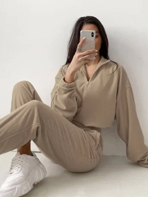 Womens Half Zip Cropped Tracksuit Set