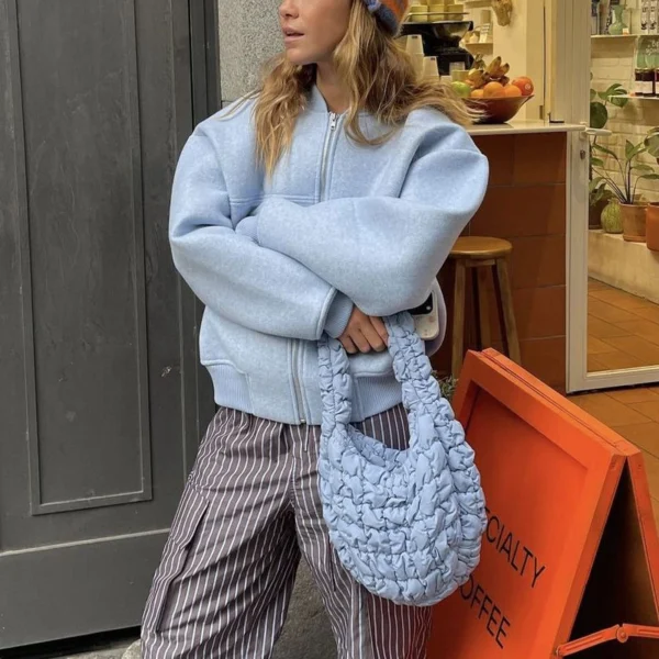 Light Blue Air Layer Oversized Zip Up Bomber Jacket Light Blue Air Layer Oversized Zip Up Bomber Jacket