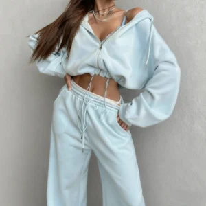 Womens Drawstring Hem Zip Up Hoodie Set