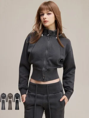 Washed Grey Brown Black Cropped Zip Up Hoodie Flare Pants Tracksuit
