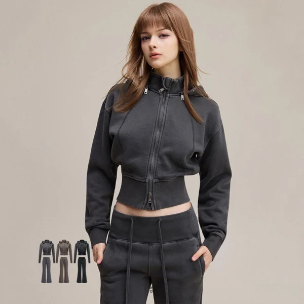 Washed Grey Brown Black Cropped Zip Up Hoodie Flare Pants Tracksuit