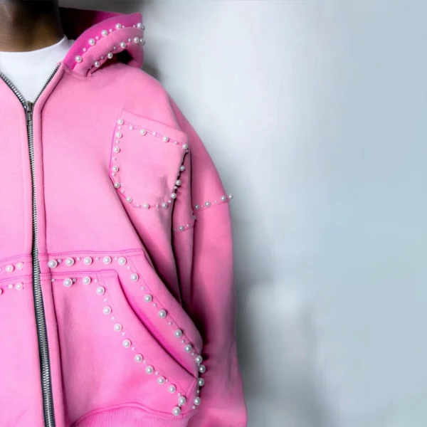 Oversized Pearl-Embellished Zip-Up Hoodie