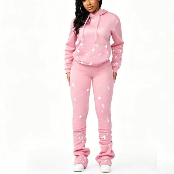 Pink Paint-Splatter Hoodie Stacked Pants Set
