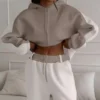 Beige White Colorblock Cropped Oversized Hoodie Tracksuit Beige White Colorblock Cropped Oversized Hoodie Tracksuit