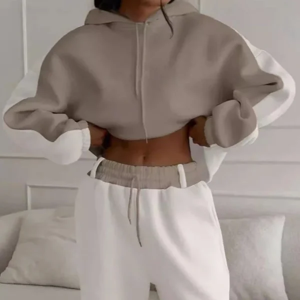 Beige White Colorblock Cropped Oversized Hoodie Tracksuit Beige White Colorblock Cropped Oversized Hoodie Tracksuit