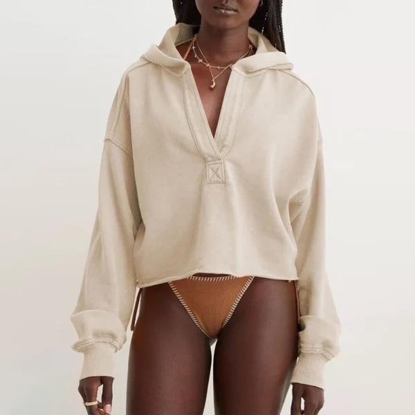 Beige Raw Edge Cropped Half Zip Hoodie Beige Raw Edge Cropped Half Zip Hoodie