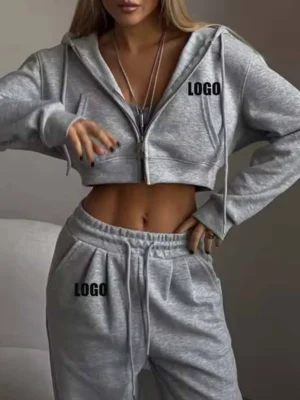 Womens Cropped Zip Hoodie Tracksuit Set
