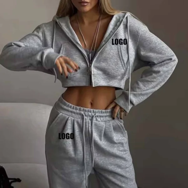 Womens Cropped Zip Hoodie Tracksuit Set
