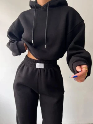 Womens Black Cropped Hoodie Jogger Set
