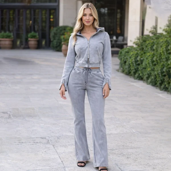 Womens Washed Cropped Zip Up Flare Tracksuit Womens Washed Cropped Zip Up Flare Tracksuit