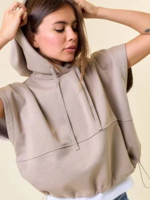 Taupe Sleeveless Drawstring Hoodie Vest