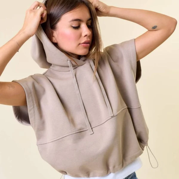 Taupe Sleeveless Drawstring Hoodie Vest
