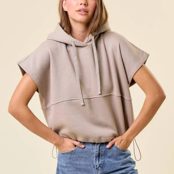 Taupe Sleeveless Drawstring Hoodie Vest