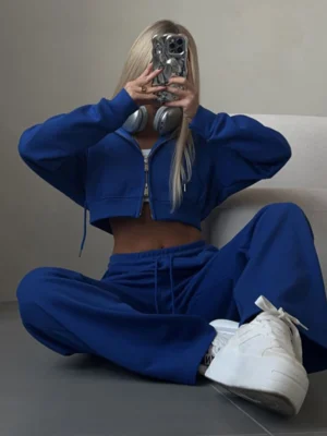 Womens Blue Cropped Zip Up Hoodie Set